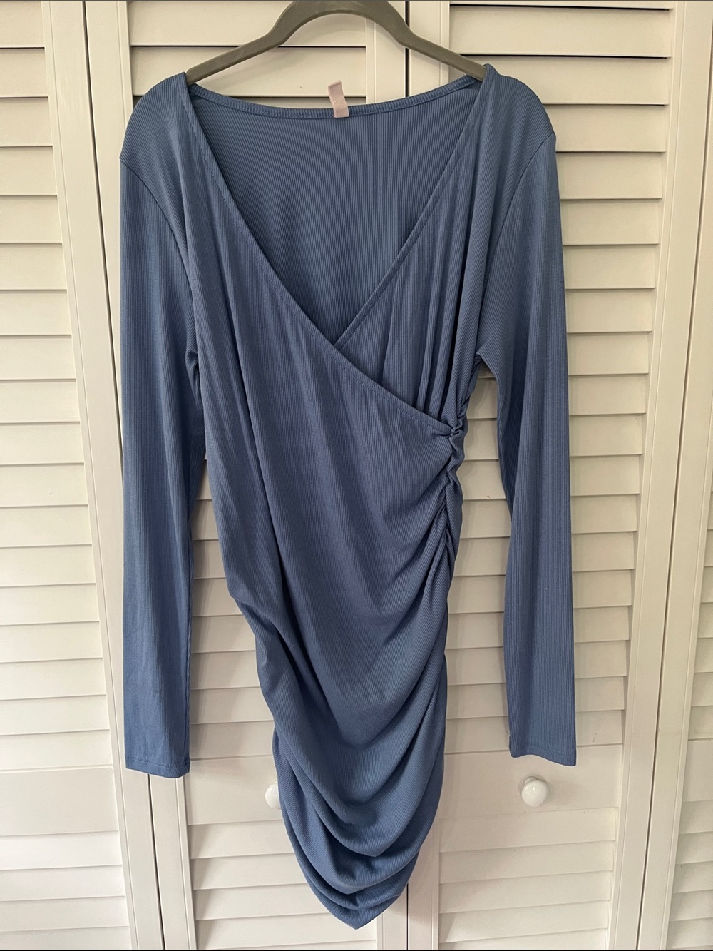 Maternity Blue Ruched Long Sleeve ribbed Dress